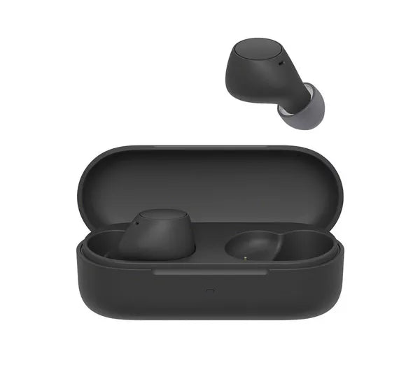 Black wireless earbuds with charging case on a white background