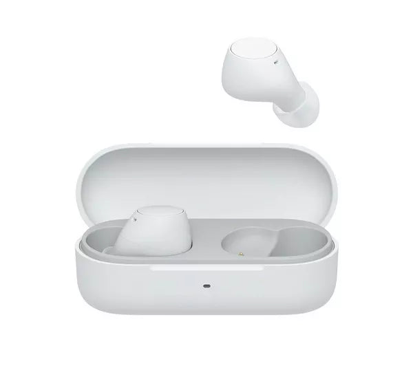 White wireless earbuds with charging case on a white background