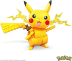 Toy figure of Pikachu made from interlocking bricks on a white background, with 'Pokémon' branding.