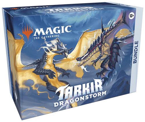 Tarkir Dragonstorm bundle packaging for Magic: The Gathering with dragons on a blue background.