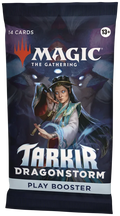 Magic the Gathering Tarkir Dragonstorm play booster pack with character illustration on a dark background