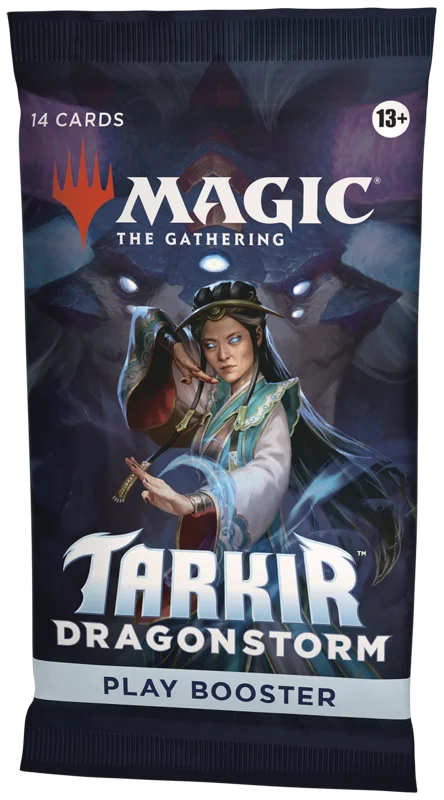 Magic the Gathering Tarkir Dragonstorm play booster pack with character illustration on a dark background