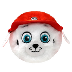 Plush toy resembling a dog with a red cap on a white background