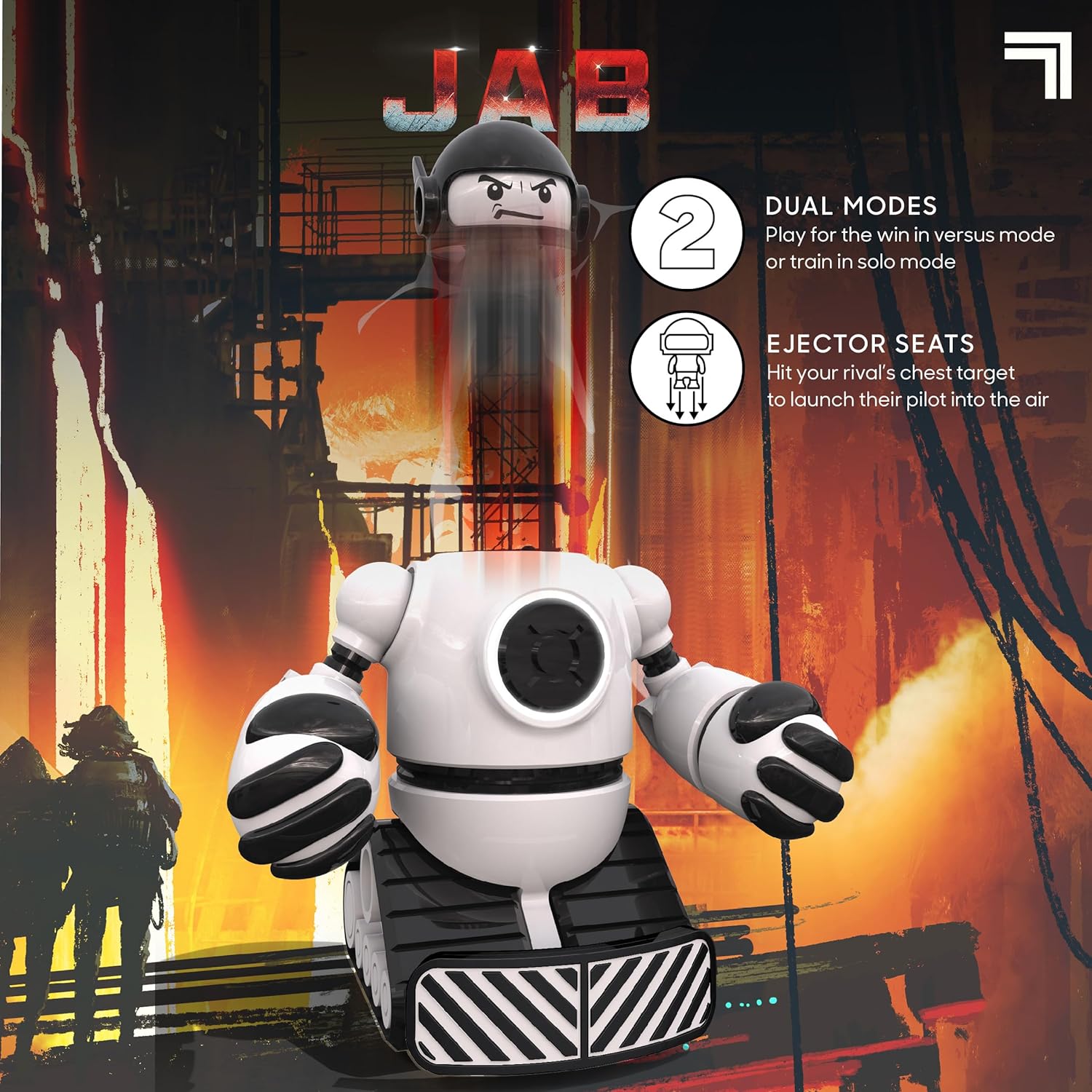 Toy robot with a futuristic design on a dynamic background