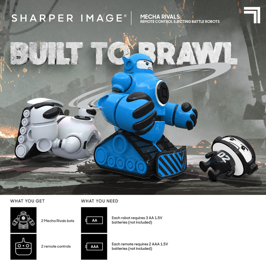 Three remote control battle robots with 'Sharper Image' branding and promotional text.