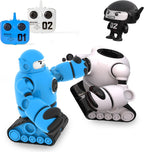 Two toy robots, one blue and one white, with remote controls on a white background.
