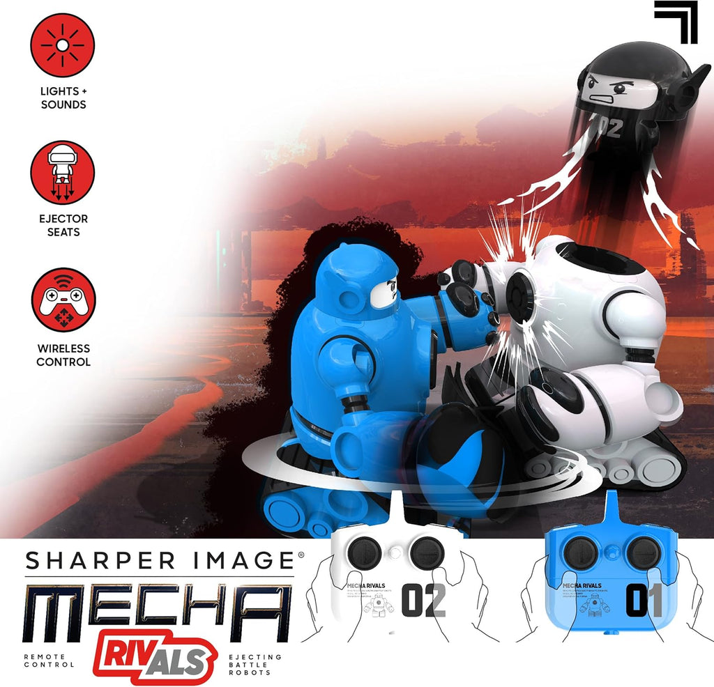 Toy robots with controls and features listed on a Sharper Image branded background
