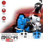 Toy robots with controls and features listed on a Sharper Image branded background