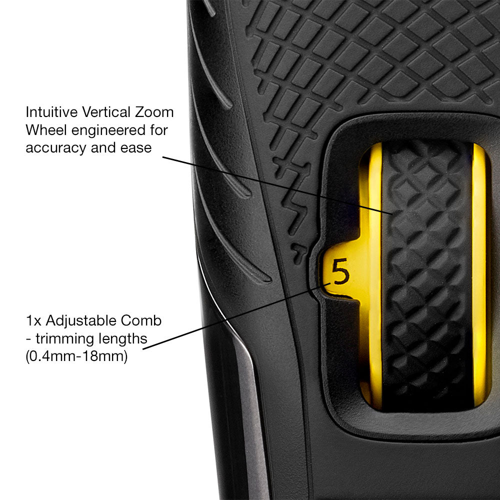 Close-up of a grooming tool with a zoom wheel and adjustable comb, labeled for features.