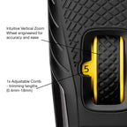 Close-up of a grooming tool with a zoom wheel and adjustable comb, labeled for features.