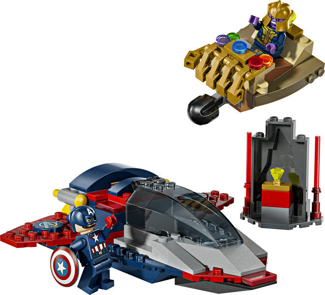 LEGO set with Captain America figure, spaceship, and Thanos figure on a white background