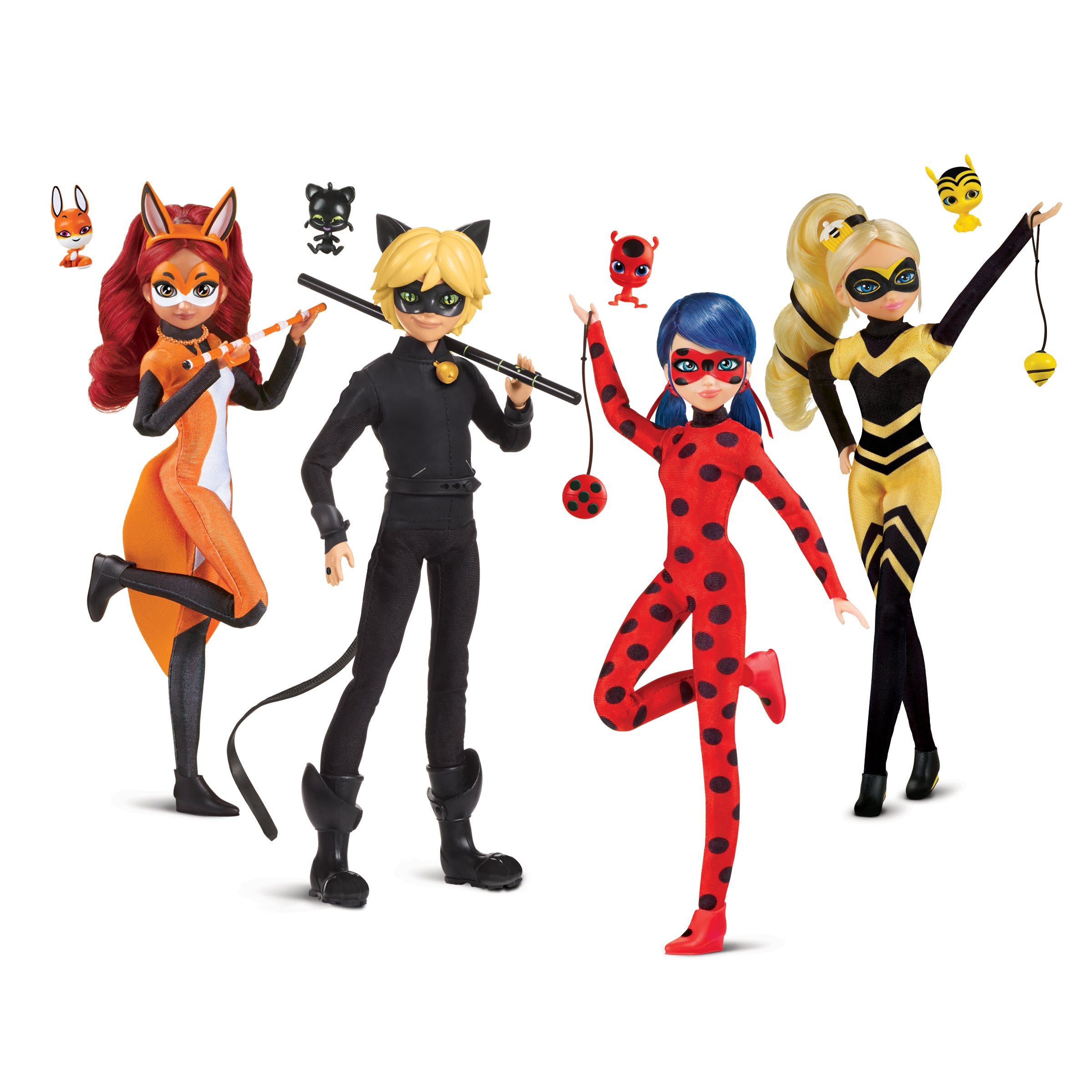 Five colorful superhero dolls in various poses on a white background