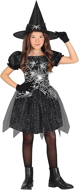 Child wearing a black witch costume with a hat, dress, and gloves on a white background