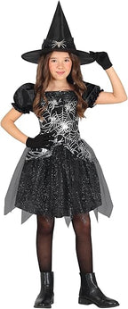 Child wearing a black witch costume with a hat, dress, and gloves on a white background