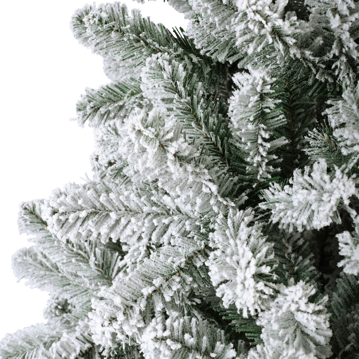 Snow-dusted artificial Christmas tree with realistic frosted branches, sturdy stand—available in 6 ft, 7 ft, and 8 ft sizes
