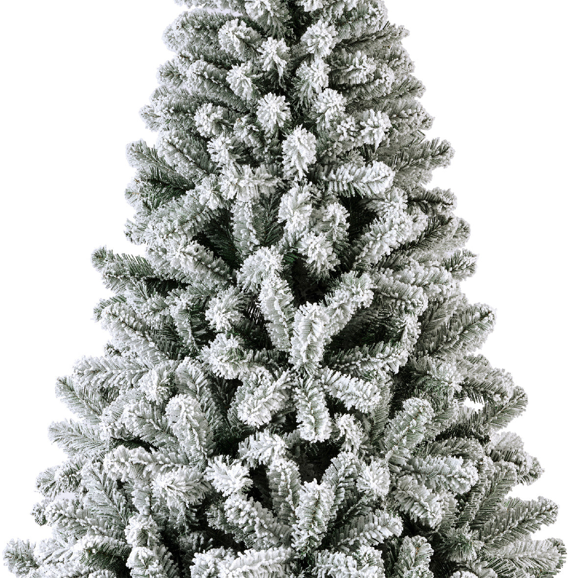 Snow-dusted artificial Christmas tree with realistic frosted branches, sturdy stand—available in 6 ft, 7 ft, and 8 ft sizes
