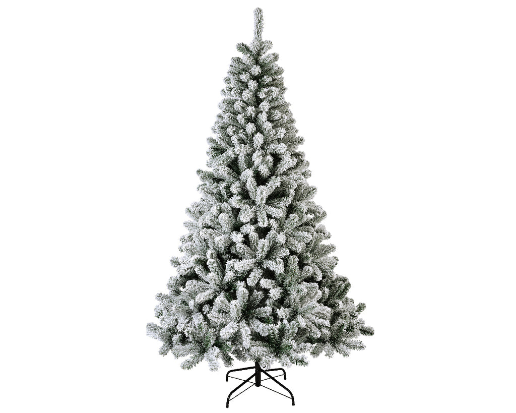 Snow-dusted artificial Christmas tree with realistic frosted branches, sturdy stand—available in 6 ft, 7 ft, and 8 ft sizes