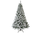 Snow-dusted artificial Christmas tree with realistic frosted branches, sturdy stand—available in 6 ft, 7 ft, and 8 ft sizes
