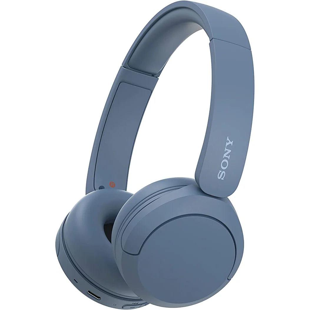 Blue Sony headphones on a white background