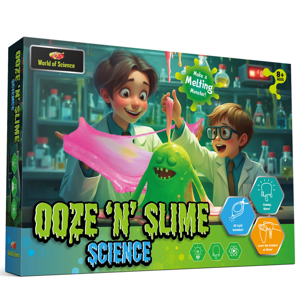Box of World of Science Ooze 'n' Slime STEM kit with UV light.