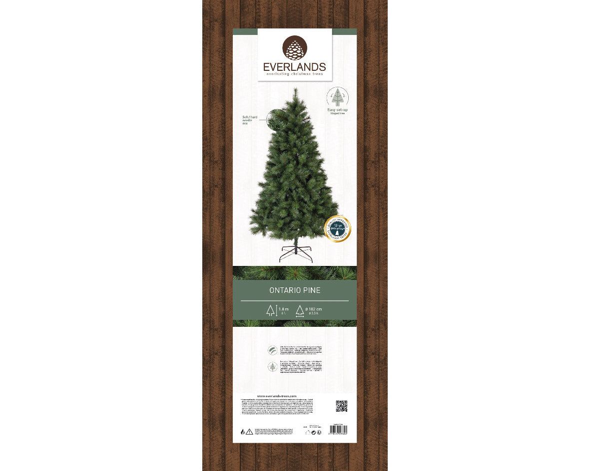 Everlands Ontario Pine artificial Christmas tree, 6-8 ft tall, 770 soft-tip needles, hinged branches & metal stand for easy setup.