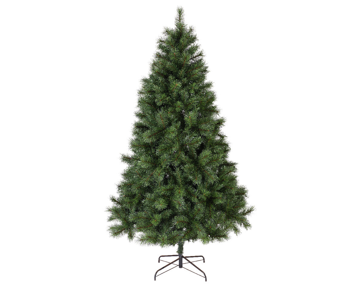 Everlands Ontario Pine artificial Christmas tree, 6-8 ft tall, 770 soft-tip needles, hinged branches & metal stand for easy setup.