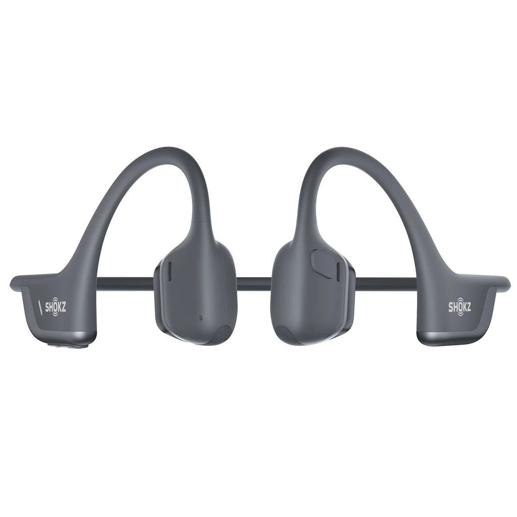 Gray SHOKZ earbuds on a white background