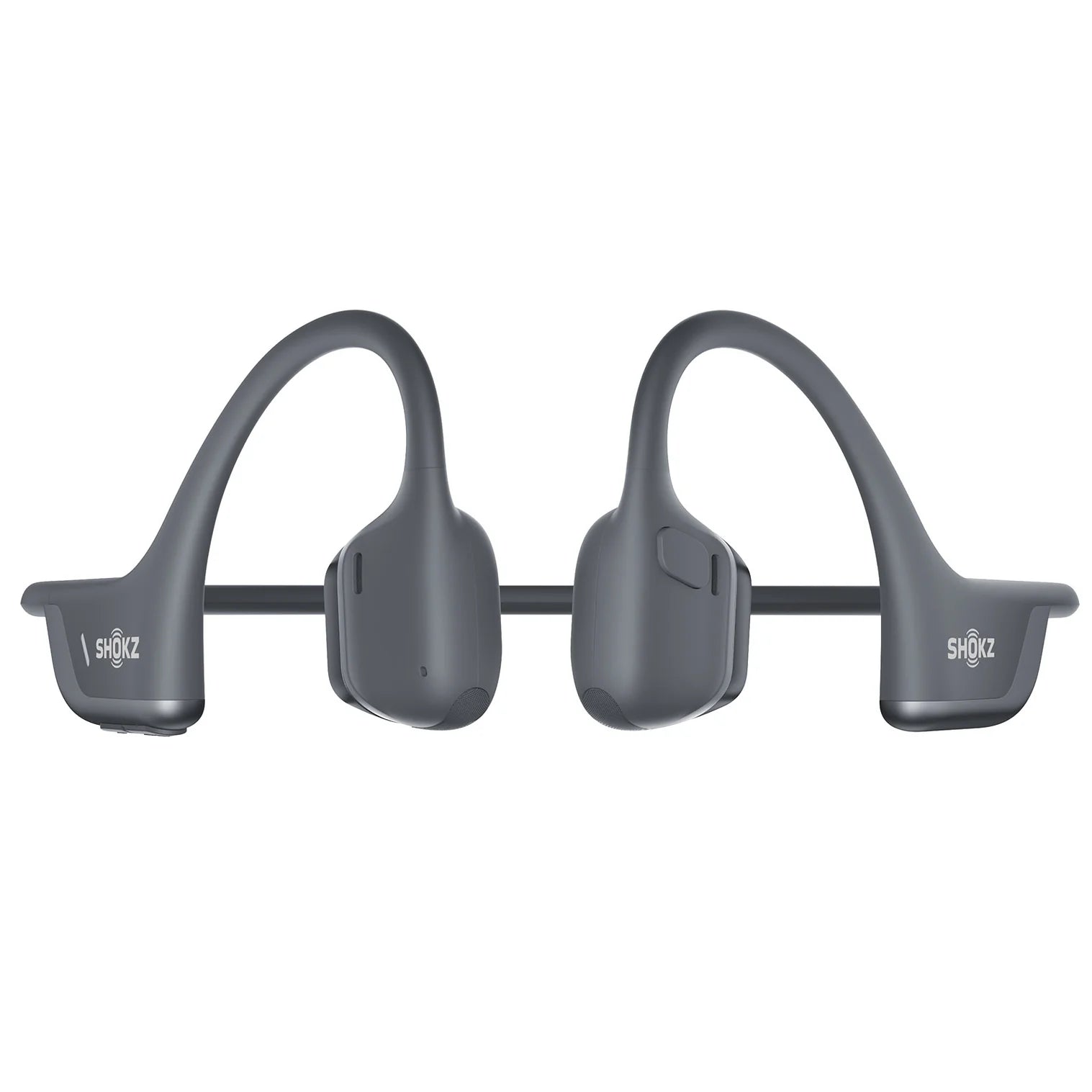Gray SHOKZ earbuds on a white background