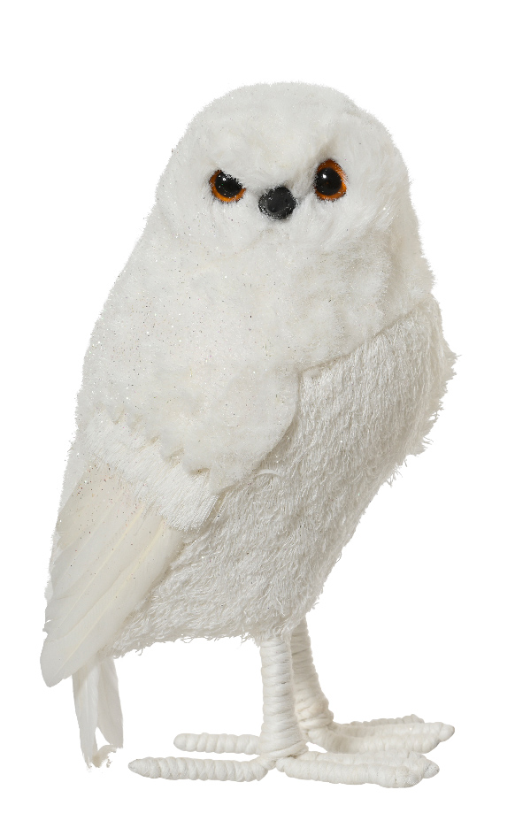 White glitter owl Christmas ornament with goose feather detail - looking left