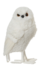 White glitter owl Christmas ornament with goose feather detail - looking left