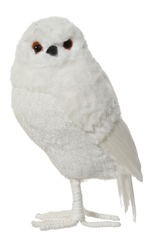 White glitter owl Christmas ornament with goose feather detail - looking right