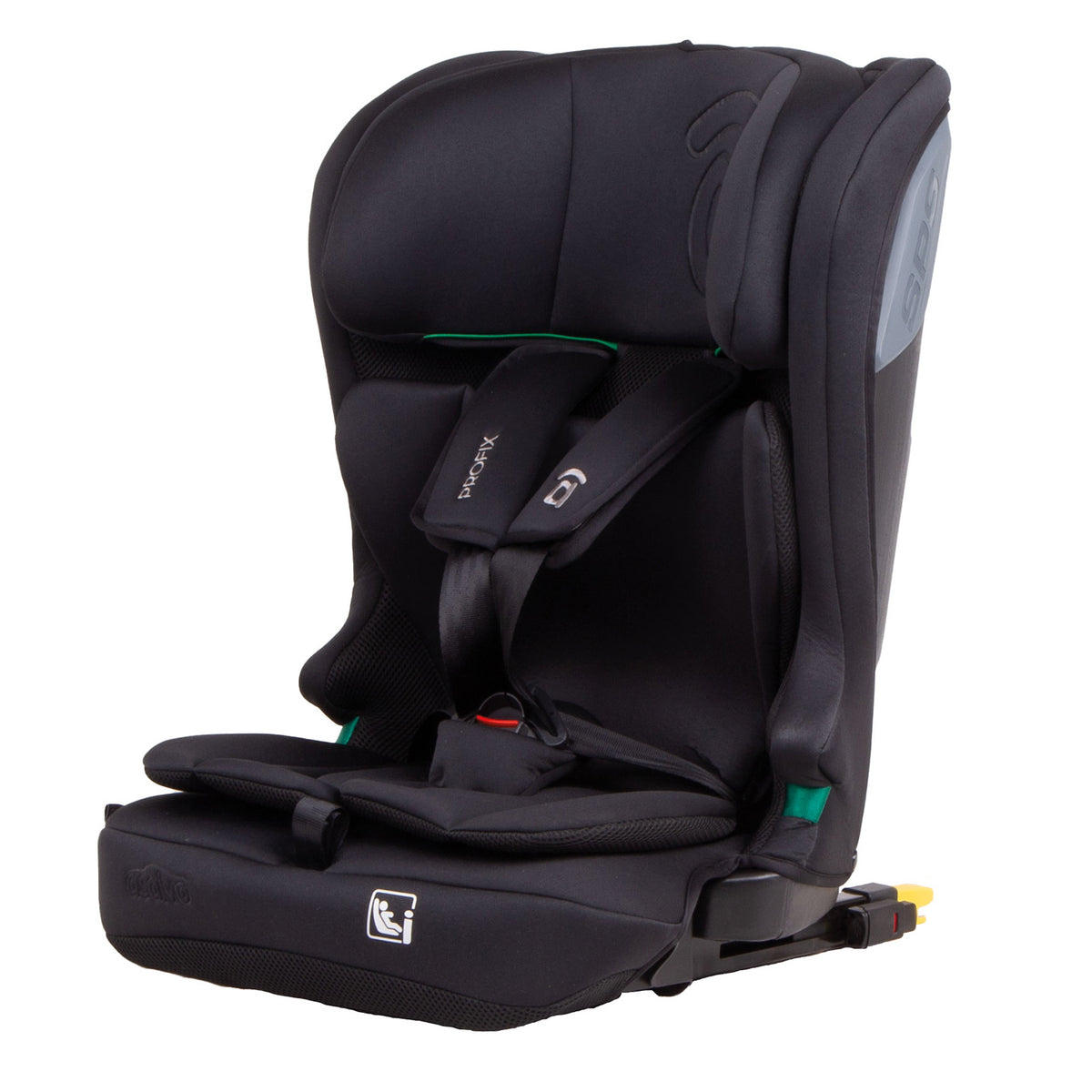 Black car seat with Profix brand logo on a white background