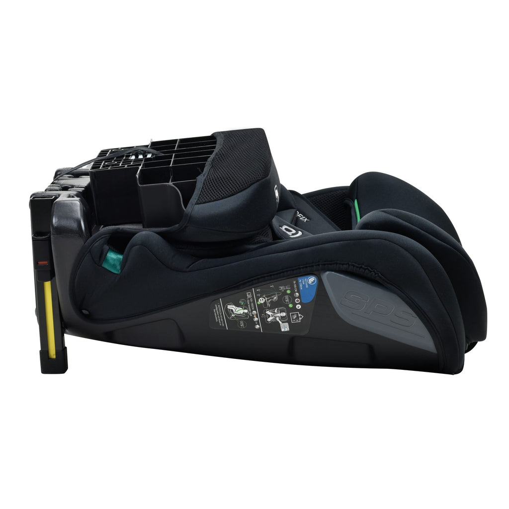 A black and dark gray baby car seat base with a harness system, shown from a side angle on a solid white background.