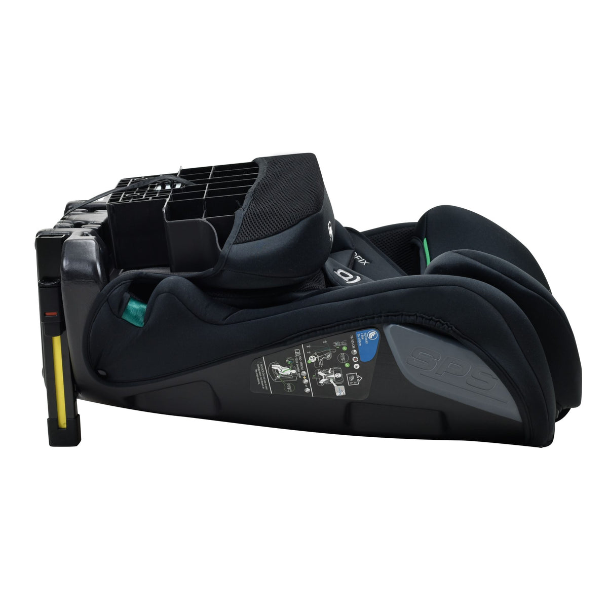 A black and dark gray baby car seat base with a harness system, shown from a side angle on a solid white background.