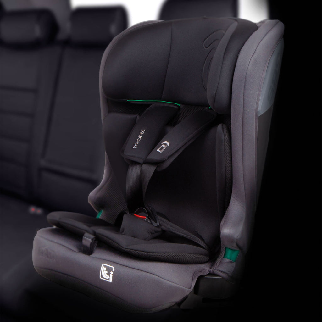 A black and dark gray infant car seat with a five-point harness, shown installed on a car seat base inside a vehicle. The brand name 'Bebamour' is visible on the harness strap.