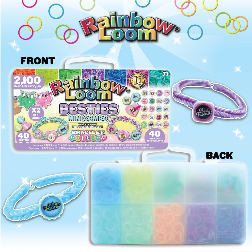 Rainbow Loom Besties Mini Combo set with packaging and bracelet on a blue background