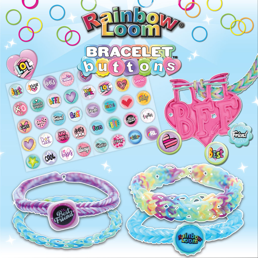 Rainbow Loom bracelet buttons with colorful bracelets and buttons on a blue background