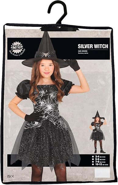 Child's witch costume with black dress and hat on a hanger, brand 'Wicked' visible.