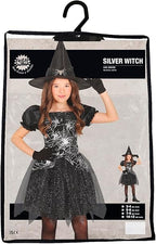 Child's witch costume with black dress and hat on a hanger, brand 'Wicked' visible.