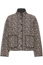 Fransa Claudine quilted jacket in black with paisley print, high collar, button front, and patch pockets