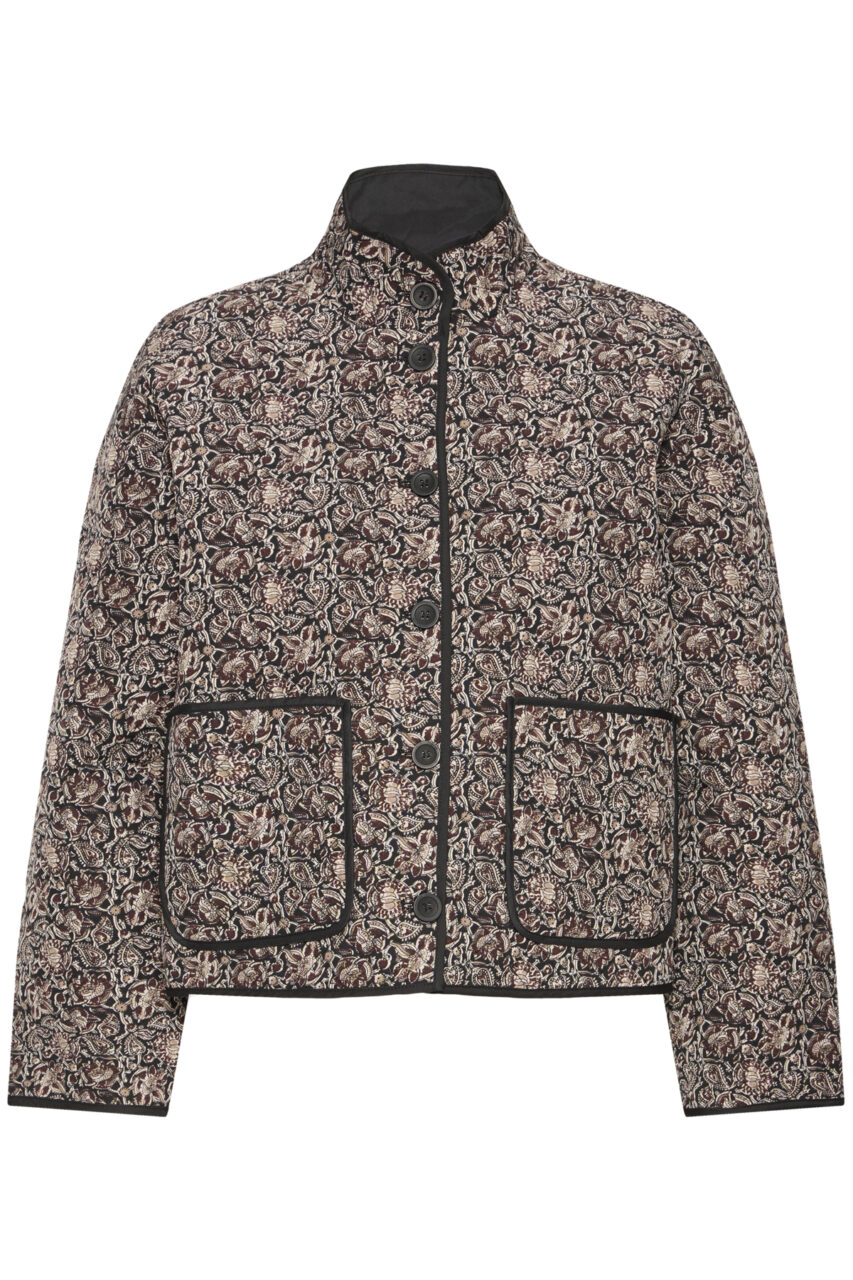 Fransa Claudine quilted jacket in black with paisley print, high collar, button front, and patch pockets