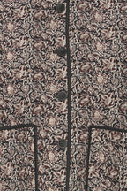 Fransa Claudine quilted jacket in black with paisley print, high collar, button front, and patch pockets