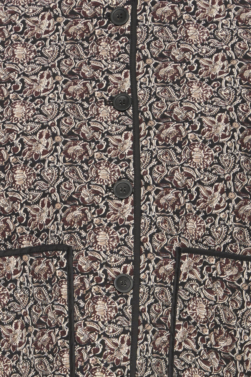 Fransa Claudine quilted jacket in black with paisley print, high collar, button front, and patch pockets