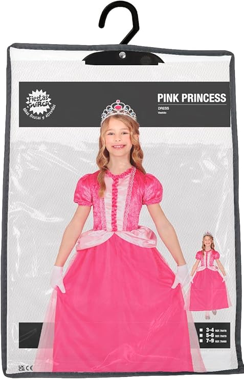 Pink princess costume with tiara on a hanger against a white background