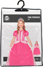 Pink princess costume with tiara on a hanger against a white background