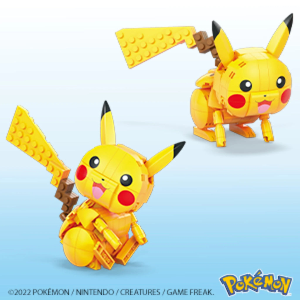Two Pikachu toy figures with building block elements on a light blue background, featuring the Pokémon logo.