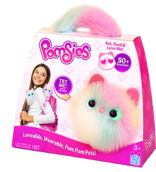 PomSies toy packaging with a colorful pom-pom pet and girl holding another toy.