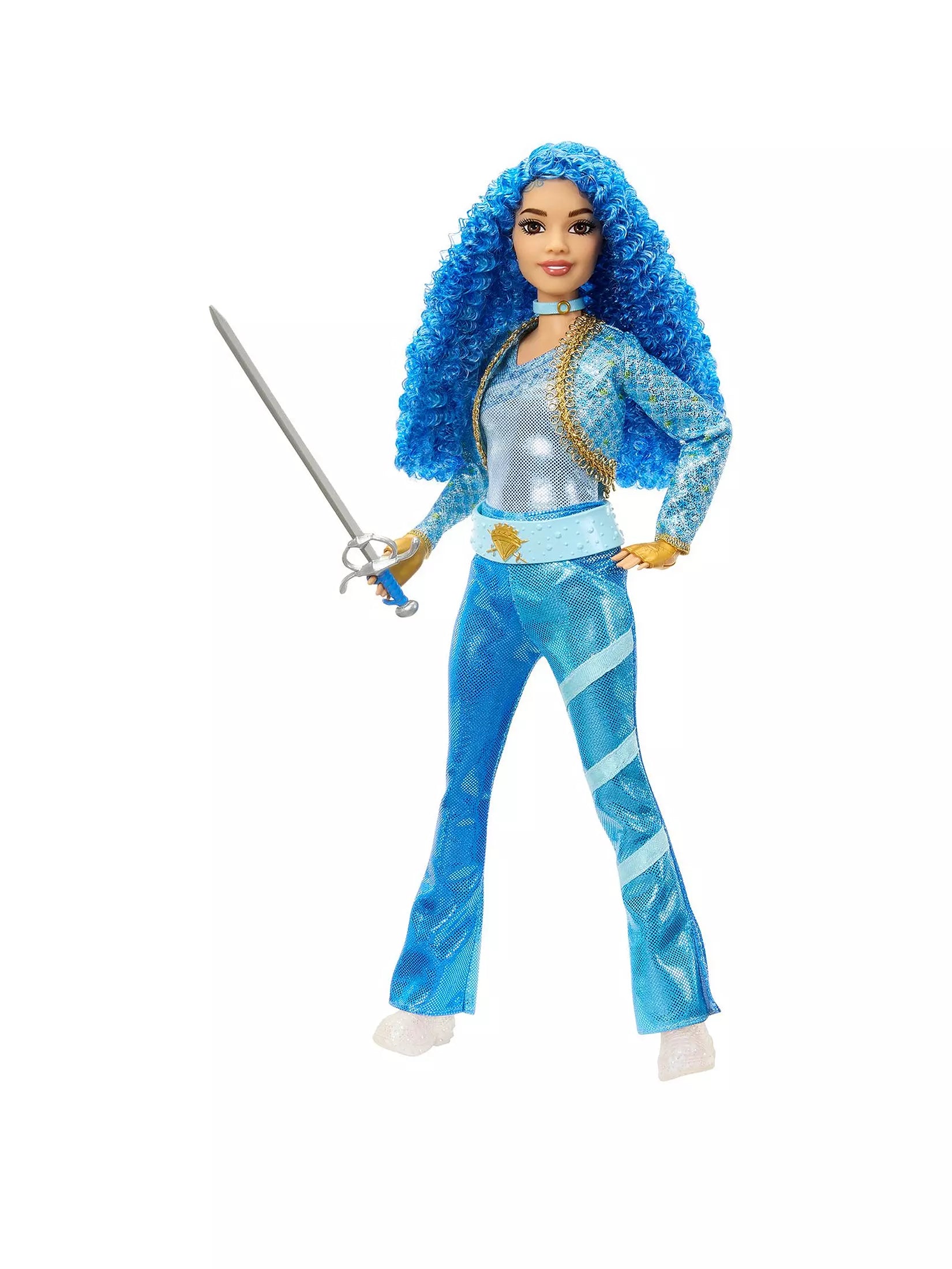 Toy figure in a blue outfit with a sword on a white background