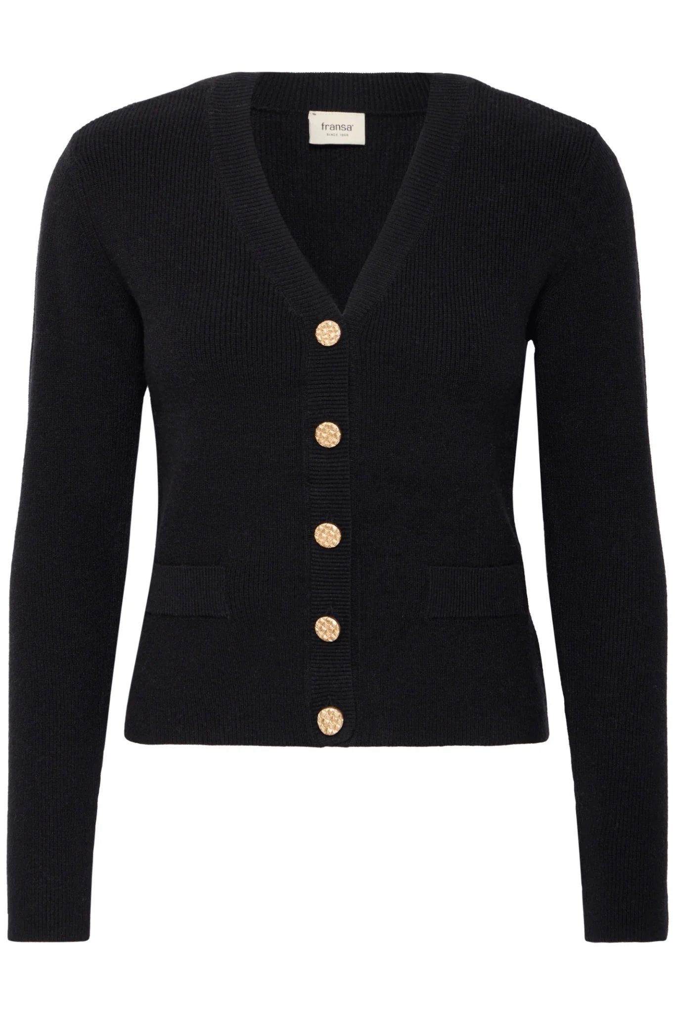 Fransa Novella cardigan in black with V-neckline, gold buttons, lightweight knit fabric