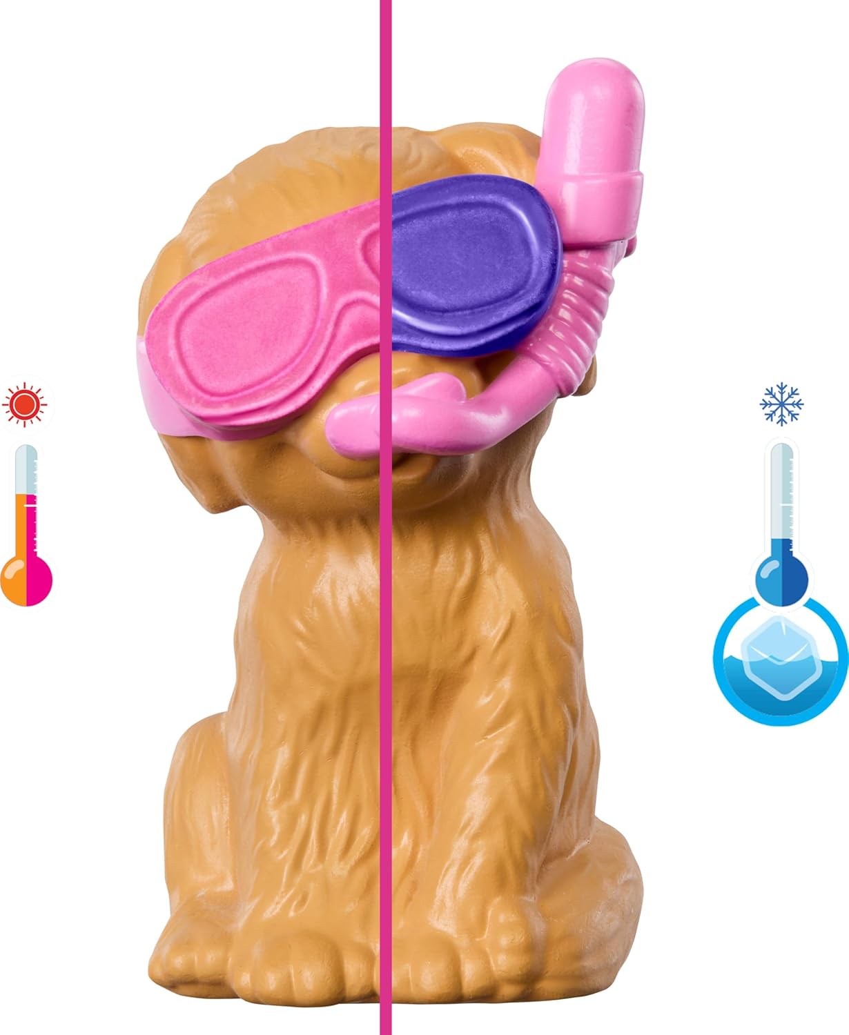 Toy dog with goggles and snorkel on a white background